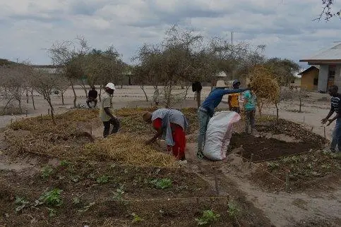 Mandala garden system under construction in a dryland site in Tanzania