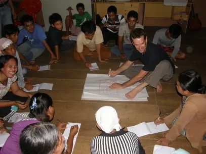 Participants working together during a permaculture design workshop in Sumatra